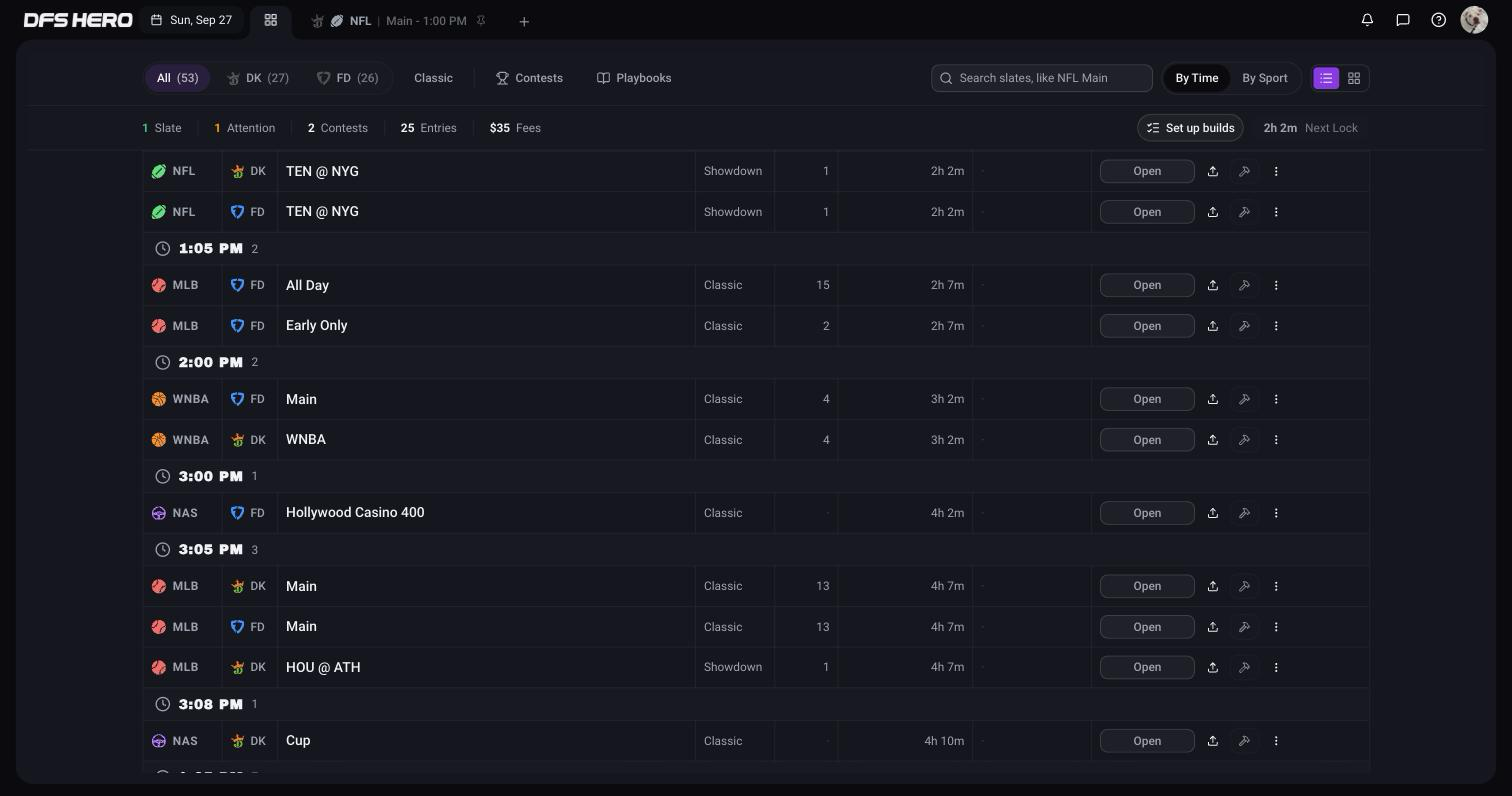 The Day View on a Sunday with slates across NFL, MLB, WNBA, NASCAR, and more, grouped by lock time