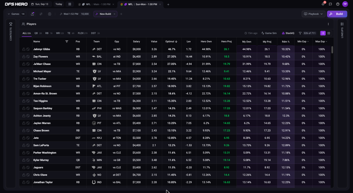 The DraftKings NFL Sun-Mon workspace on a new build tab: the New Build tab, the Build button, and the Player Pool with 326 players