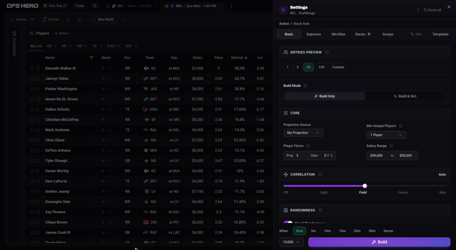 The Build Settings sheet on the Basic tab for NFL on DraftKings with ENTRIES PREVIEW on 20, Build Only, the CORE defaults, Correlation on Auto, and the footer with Now, 10,000, and Build