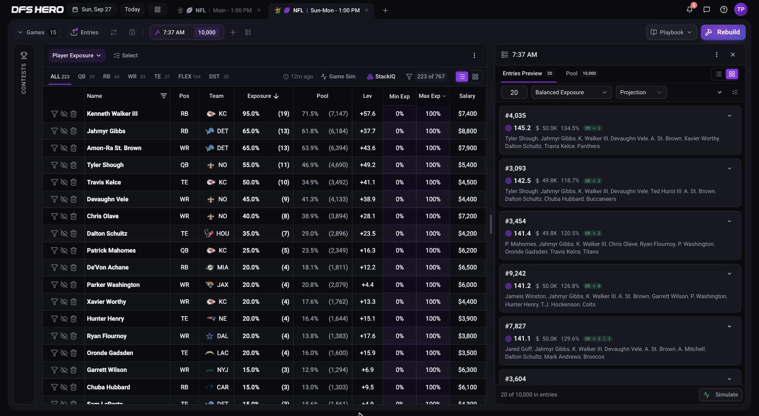 The lineups panel after the build: Entries Preview and Pool tabs, the Selection and Rank by dropdowns, and the lineup cards with projection, salary, ownership, and a stack badge